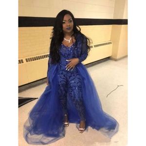 Royal Blue Jumpsuit Prom -jurken met over Skirts v nek lange mouw lovertjes avondjurken plus size African Pageant Pants Party Party Wear BC