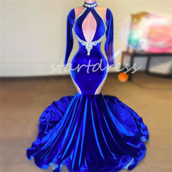 Vestido de fiesta delantero con ojo de cerradura azul real para niñas negras Vestidos de noche de terciopelo de manga larga con corte sexy Vestido de fiesta de cumpleaños formal sudafricano 2024 Vestidos De Fiesta