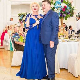 Bleu Royal Dentelle Mousseline De Soie Mère De La Robe De Mariée Plus La Taille Illusion Manches Sheer Cou Robes De Soirée Formelles Fête De Mariage