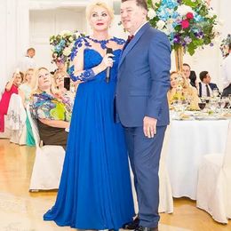 Royal Blue Lace Chiffon Moeder van de bruid jurk plus size illusie mouw pure nek formele avondjurken trouwfeest prom jurken