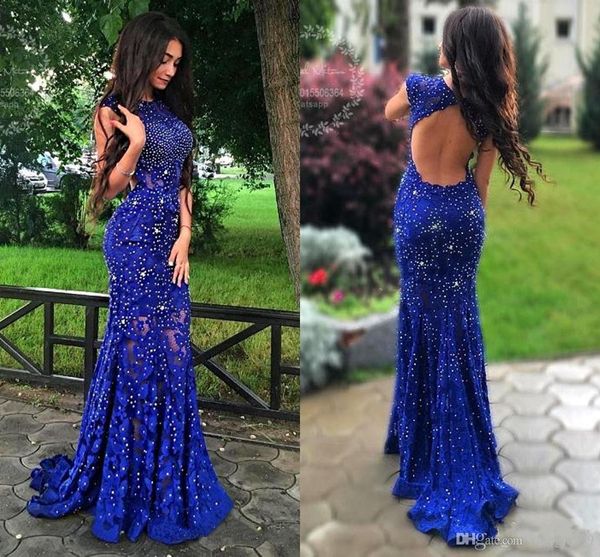 Bleu royal dentelle robes de bal brillant perlé cristal sirène dos nu robe de soirée femme robe de soirée de graduation