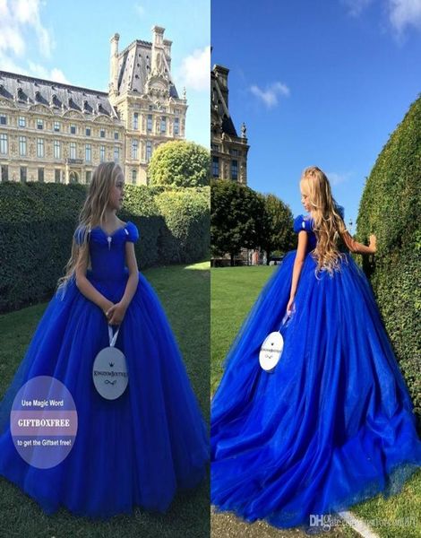 Robes de concours d'anniversaire de première Communion pour petites filles, bleu Royal, épaules dénudées, balayage avec traîne, robe à fleurs pour filles, 1736412