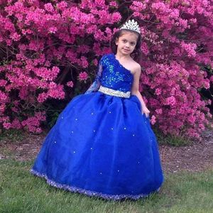 Royal Blue Little Girsl Long Pageant Jurken Eén Schouder Baljurk Beaded Lace Kids First Communion Flower Girl Dress Brithday Party Jurken