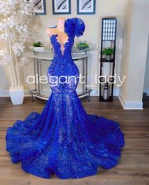 Koningsblauw Lange Zeemeermin Avond Formele Jurken Fow Vrouwen 2024 Sparkly Diamond Crystal Gillter Prom Gala Gown Sheer Mesh