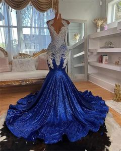 Robe de bal longue bleu royal pour filles noires 2024 perles strass robes de fête d'anniversaire robe de soirée sirène Robe De Bal 322 Es Es