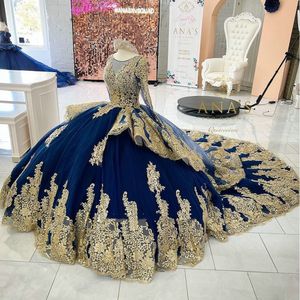 Royal Blue Long Sleeve Princess Quinceanera Dresses Lace-Up Corset Gold Appliques Pearls Beading Prom Sweet 16 Vestidos de 15 Anos