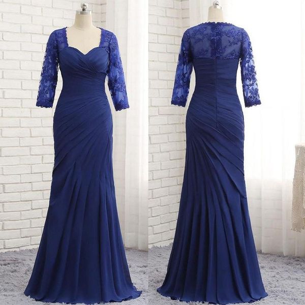 Vestidos de madre de novia azul real Encaje Manga larga Hasta el suelo Gasa plisada drapeada Vestido de madre Invitada de boda Vestido de fiesta elegante