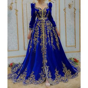 Bleu royal manches longues robes de soirée caftan marocain soirée formelle robes de bal or dentelle Appliques tenues algériennes Karakou