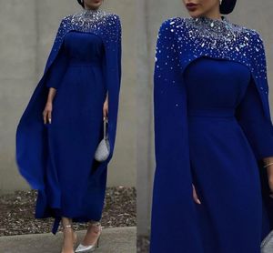 Robe de bal à manches longues bleu royal 2024, col haut, veste à perles, bijou, longueur cheville, Arabie Saoudite, robes de soirée formelles, style célébrité, robe de soirée