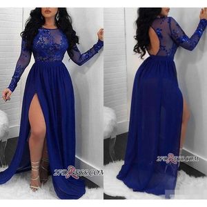 Royal Blue Long Sheeves Prom Dresses Lace Applique Sequins A Line Side Slit Chiffon Illusion Sexy Hollow Back Plus Size Evening Jurk 403