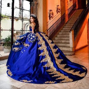Blue royal long train quinceanera robes en dentelle perle vestidos de 15 anos hors de l'épaule des filles d'anniversaire de filles mexicaines