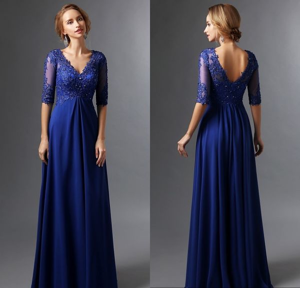 Bleu royal longues femmes mère de la mariée robe de mariée avec manches appliques col en V en mousseline de soie perlée dos nu élégante robes de soirée