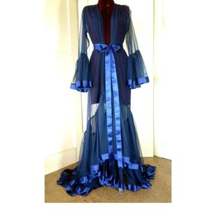 Royal Blue Long Femmes Nuit Robe Peignoir Tulle Pyjamas Fête De Mariée Mariée Demoiselle D'honneur Robes Chemises De Nuit Lingeries Cadeaux De Mariage Voir À Travers