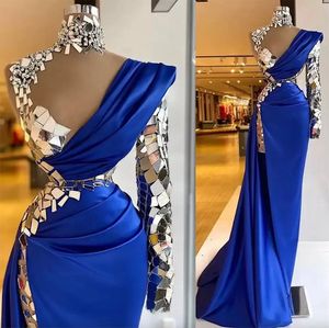 Royal Blue Luxury kristal Afrikaanse avondjurken Luxe Aso Ebi Mermaid Prom jurk één lange mouw formele avondfeestjurken split verdieping lengte