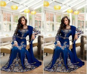 Royal Blue Luxury Detail Indian Muslim Evening Formele jurken Lange mouw plus size Abaya Dubai Kaftan Arabische gelegenheid prom jurk3657369