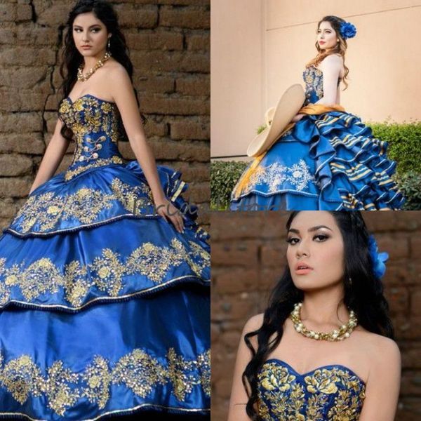 Robes de Quinceanera de broderie de luxe bleu royal robes mexicaines de quincea époque élégantes chérie volants à plusieurs niveaux bal formel P297A