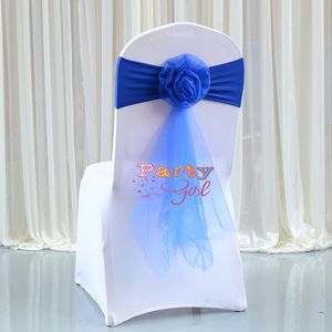 Royal Blue Lycra Chair Band Withtulle Drape Spandex Sash Tie Bow For Chair Cover Wedding Event Feest Hotel Decoratie