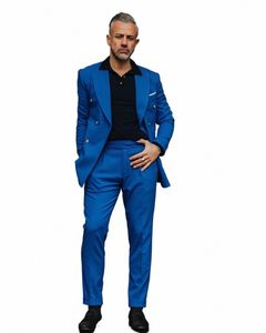 Costume bleu royal pour hommes, ensemble blazer à Double boutonnage, Tuxedos de mariage, coupe cintrée, vêtements de marié, 2 pièces, veste et pantalon de bal, F7M8 #