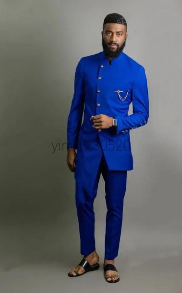 Royal Blue Men Cost Stand Collar Prom Costumes Slim Fit Mens Tuxedos Grooms Mariage Costumes Terno Masculino Blazer Veste Men 2 Pieces2773358