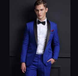 Royal Blue Men Tuxedos Black Châle Revers Slim Fit Groom Tuxedo Fasion Dinner Party Suit JacketPantsBow2102060