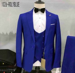 Costumes pour hommes bleu royal 3 pièces Slim Fit formel Blazer gilet pantalon ensemble classique élégant veste affaires mariage Tuxedos pour hommes Q230828