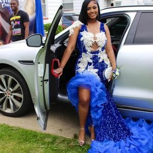 Royal Blue Mermaid Afrikaanse prom -jurken voor vrouwen Crystal Side Split Ruffles Verjaardagsfeestjes Jurk Long Cocktail Dress
