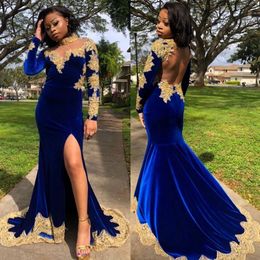 Royal Blue Mermaid Backless Prom Dresses Sheer High Neck Long Sleeves Evening Gowns Sweep Train Plus Size Velvet Side Split Formal Dress