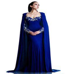 Blue Royal Dubaï Cape Cape Robe 2021 Party Sexy Sexy Long Saudi Arabe Robes de bal Sweep Train Formelle Pageant Gowns7062918