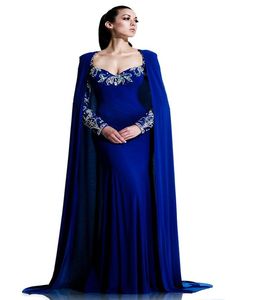 Royal Blue Mermaid Dubai Cape Evening Jurk 2021 Party Sexy Saoedi -Arabisch Arabisch prom -jurken met lange mouwen Sweep trein formele optochtjurken2338228