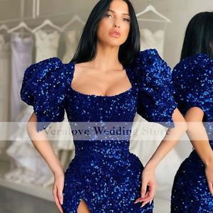 Royal Blue Mermaid Avondjurk 2021 Scoop Pailletten Kant Slit Prom Dresses Vestido de Fiesta Boda