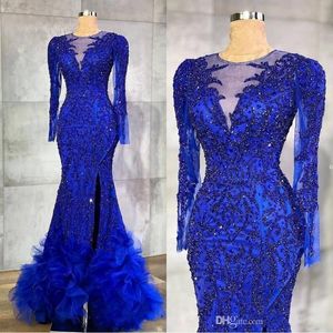 Azul real sereia vestidos de noite cristais frisados sheer pescoço árabe aso ebi vestidos de festa formais vestidos de baile usar bc14042