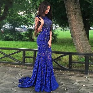 Royal Blue Mermaid Evening Jurken Juweel Vloer Lange Sweep Train Applique Keed Lang Long Backless Prom Party Jurk Illusion Custom