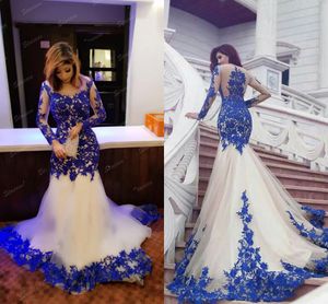 Royal Blue Mermaid Avondjurken Sexy Sheer Hals Illusion Lange Mouwen Applicaties Tule Lace Saoedi-Arabische Plus Size Prom Dresses