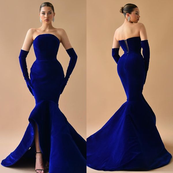 Royal Blue Mermaid Vestidos de noche Sin tirantes Velvet Party Prom Dress Sweep Train Vestido largo para la alfombra roja ocasión especial