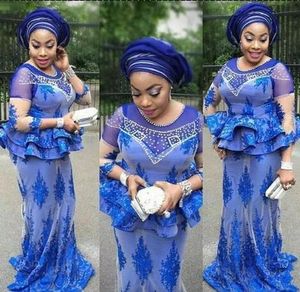 Royal Blue Mermaid Avond Formele Jurken Lange Juweel Kant Illusion Sleeves Nigeriaanse Kantstijlen Goedkope Ruches voor Black Women Prom Dress