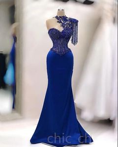 Bleu royal sirène dentelle robes de soirée perlée gland tache arabe Aso Ebi queue de poisson robe de bal gece abiye elbiseler
