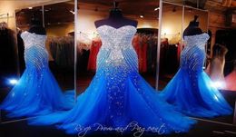 Royal Blue Mermaid Long Prom Dresses Pageant Women Sexy Sweetheart Vestido Luxury Beady Crystal Vestidos de Gala Tulle Pageant Go1202619