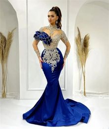 Royal Blue Mermaid Moslimavond feestjurken kristallen Rhinestones illusie mouwen luxe verjaardag prom jurk voor Dubai vrouwen