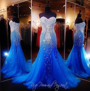 Royal Blue Mermaid Prom Dress 2019 Luxe Sweetheart Sparkly Crystal Beading Sweep Trein Tule Avondjurken Dames Formele Pageantjurken