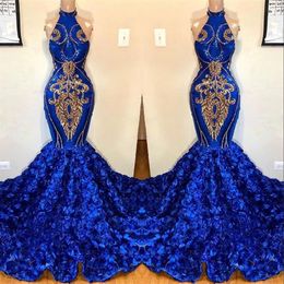 Royal Blue Mermaid Robes de bal 2019 Halter Lace Appliqued Magnifique jupe florale 3D Prom Party Robes de soirée pour les filles noires BC121283b