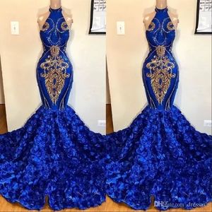 Royal Blue Mermaid Prom Dresses 2022 Rose Bloemen Rokken Lange Kapel Trein Halter Afrikaanse Avondjurken Gouden Applique Beads Formele Jurk BES121