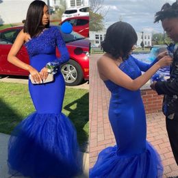 Robes de bal de sirène bleu royal pour les filles noires sud-africaines sexy une épaule dentelle appliques tulle robes de soirée formelles276y