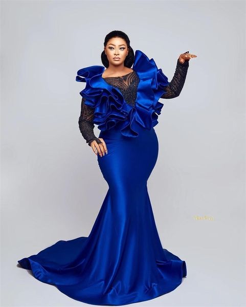 Robe Royal Blue Mermaid Pal Robes Péquins paillettes Perles Perles Satin Satin Manches Longues Plus Taille Soirée Robe de soirée Balayer Train Pareant Robe de Mariée