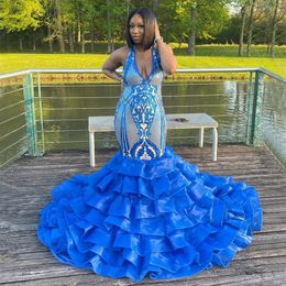 Royal Blue Mermaid Prom Dresses Lace Halter V Neck Appliqued Tiered Avond Jurken Organza Sweep Train Plus Size Formal Wear