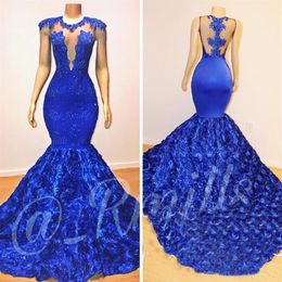 Royal Blue Mermaid Prom Dresses Rose Flowers Long Chapel Train Sheer Neck Applique Beads 2K18 African Pageant Party Dress Evening 175E