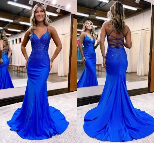 Royal Blue Mermaid Prom Dresses Sexy Spaghetti Straps Backless Beads Lentejuelas Vestidos de noche para adolescentes Graduación por encargo BC15118