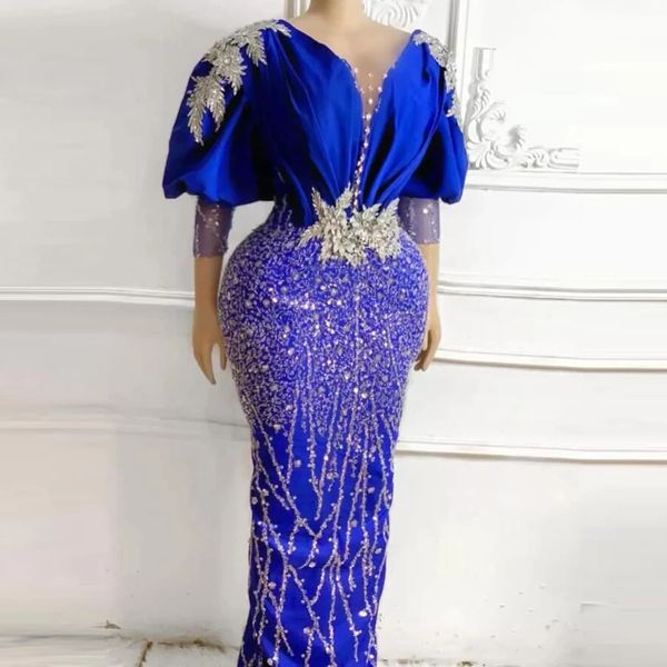 Robes de bal de sirène bleu royal Sheer cou Appliques perles Puffy 3/4 manches longues robe de soirée grande taille pour les femmes africaines robe de soirée