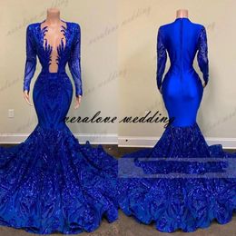 Royal Blue Mermaid Prom Dresses Sparkly Lace Paillins Lange mouwen Black Girls African Celebrity Evening Jurken 309s