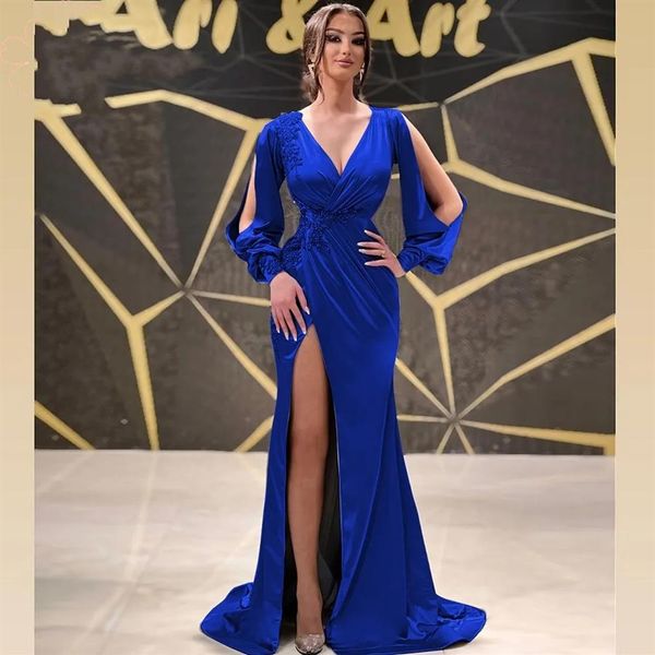 Vestido De noche De sirena azul real para mujer, manga larga, escote en V, abertura lateral, apliques De encaje satinado, vestidos formales para fiesta De graduación, Robe De Soir271N, 2023