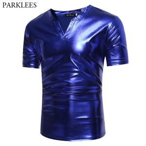 Royal Blue Metallic Nightclub Wear Tshirt Mannen Mode Slanke Fit V-hals Mens T-shirts DJ Stage Party Prom Camiseta Masculina 210522